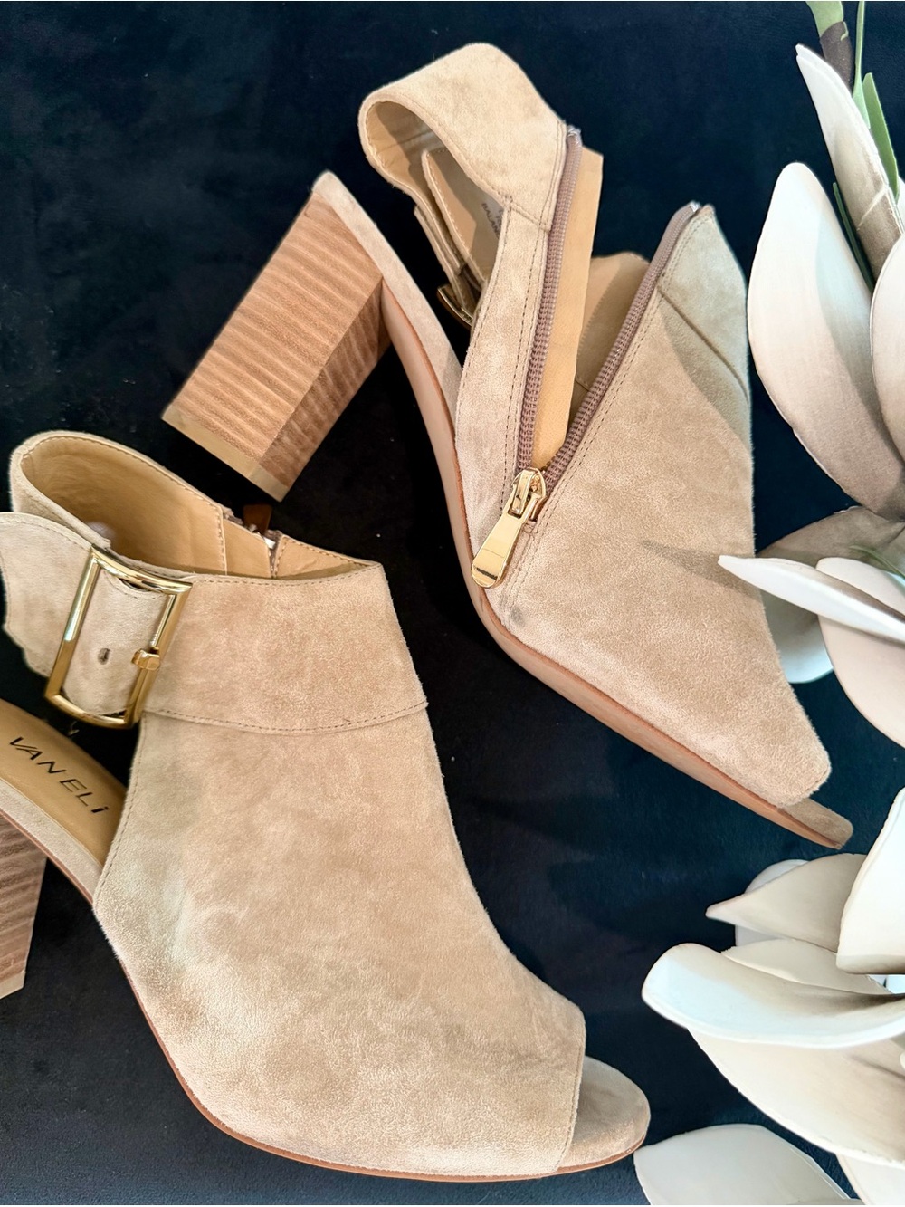 Vaneli Tan Suede Peep-Toe Block Heel Mules with Buckle SZ 9.5